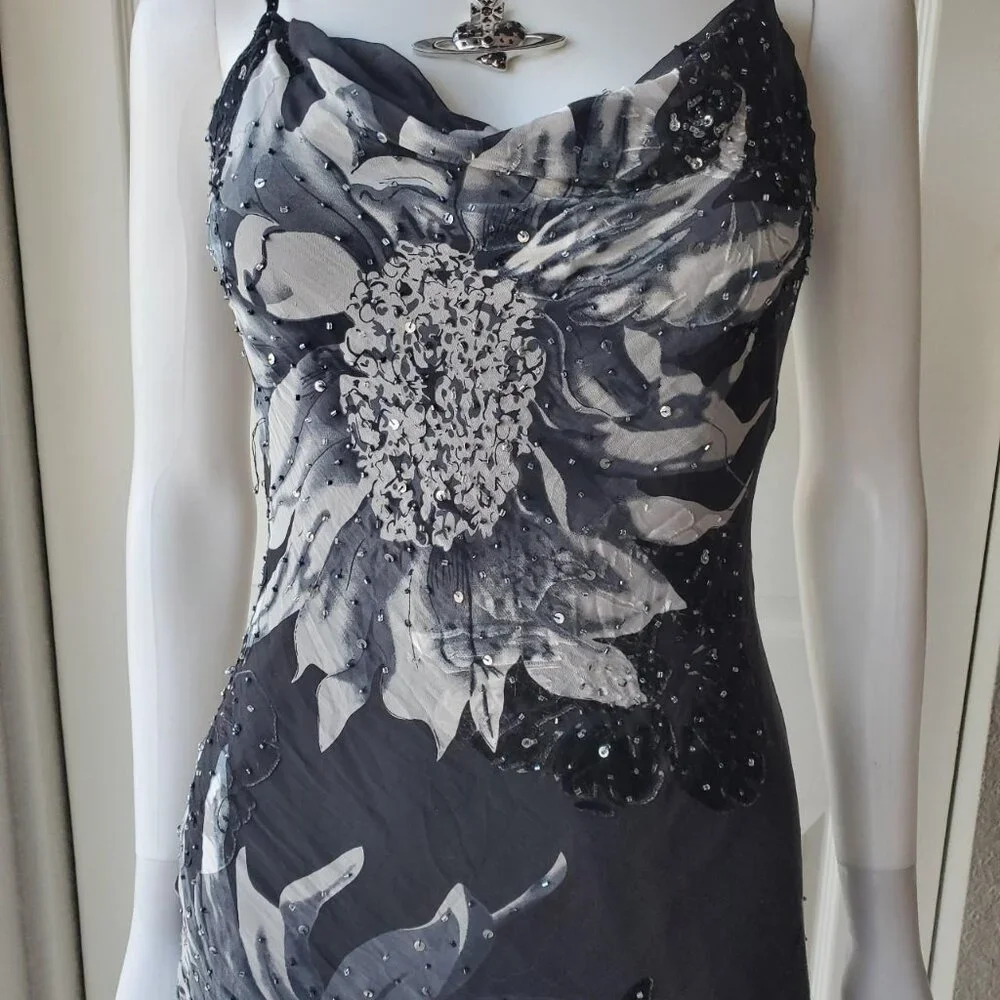 Cache Silk Blend Sleeveless Midi Beaded Dress Asymmetrical Hem - Picture 8 of 10